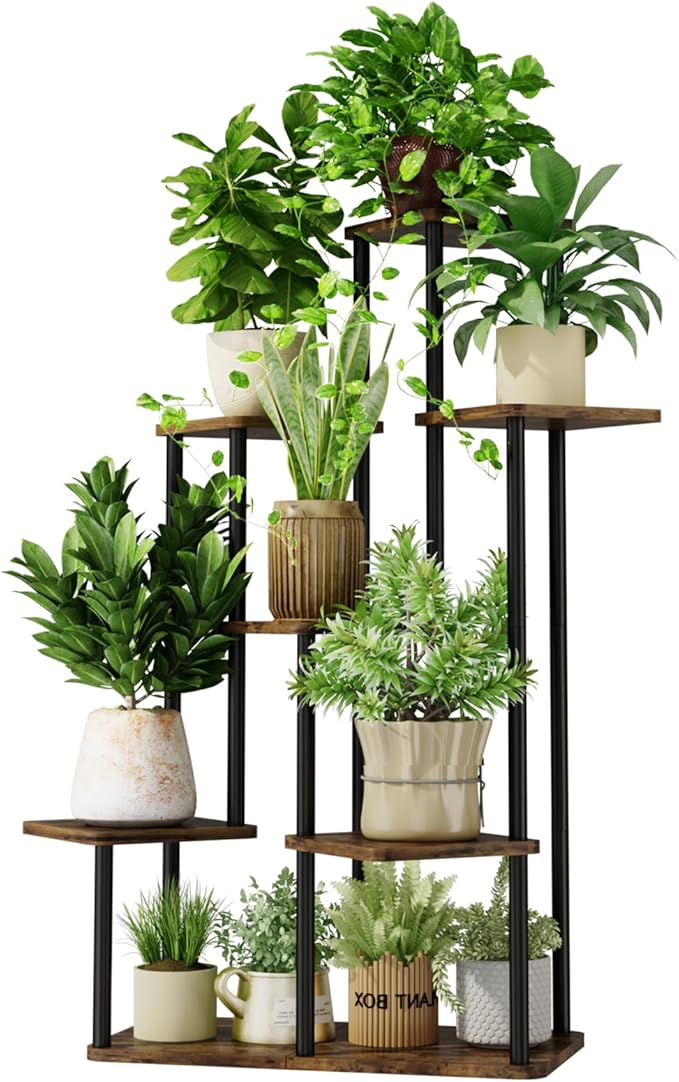 7 Tiered Plant Stand Indoor Corner Plant Shelf for Multiple Plants for Patio Garden Balcony Living Room Bedroom, Tall Metal Flower Pots Stand Relaxing for Women Gift Brown Oak