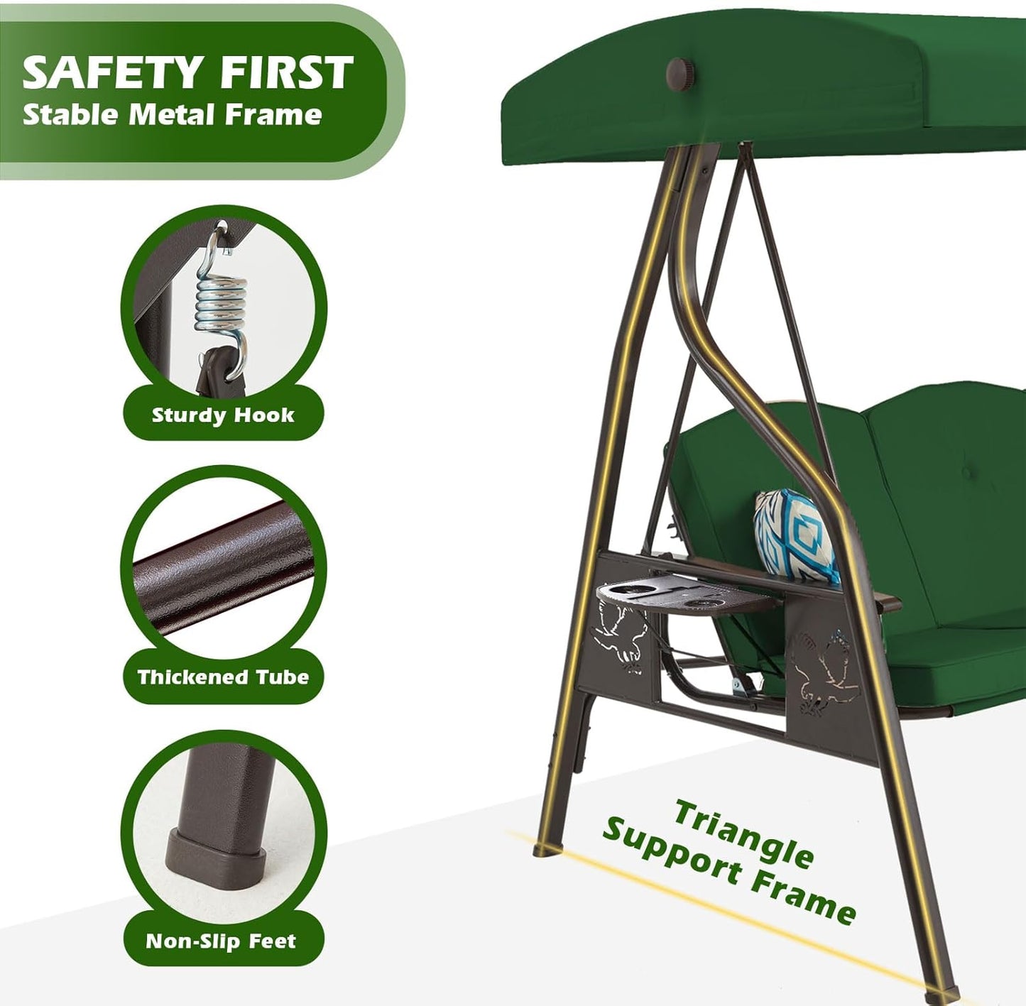 3-Seat Outdoor Porch Swing with Stand Patio Swing with Canopy 2 in 1 Porch Swing Bed & Patio Swing Chair for Adult w/Extra Pillows and Cup Holder for Yard(Green)