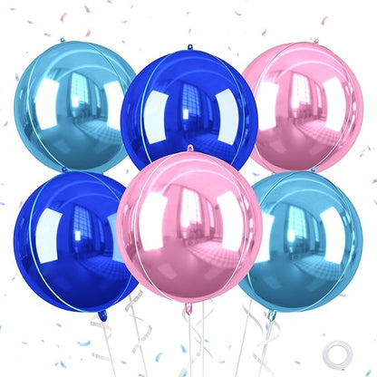 Giant Foil Balloons, 6Pcs Large Metallic Light Blue Royal Pink Round Balloons, 22 Inch Big Round Foil Balloon for Blue and Pink Birthday Party Baby Shower Gender Reveal Decorations