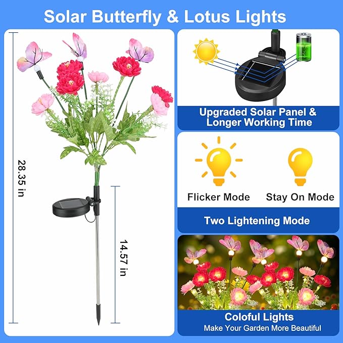 Solar Garden Lights,Solar Lights Outdoor Waterproof with Butterfly Flower,2 Pack Solar Powered Outdoor Lights,Solar Lights for Outside,Garden Lights Patio Yard Decor,Gifts for Mothers Day Mom Women