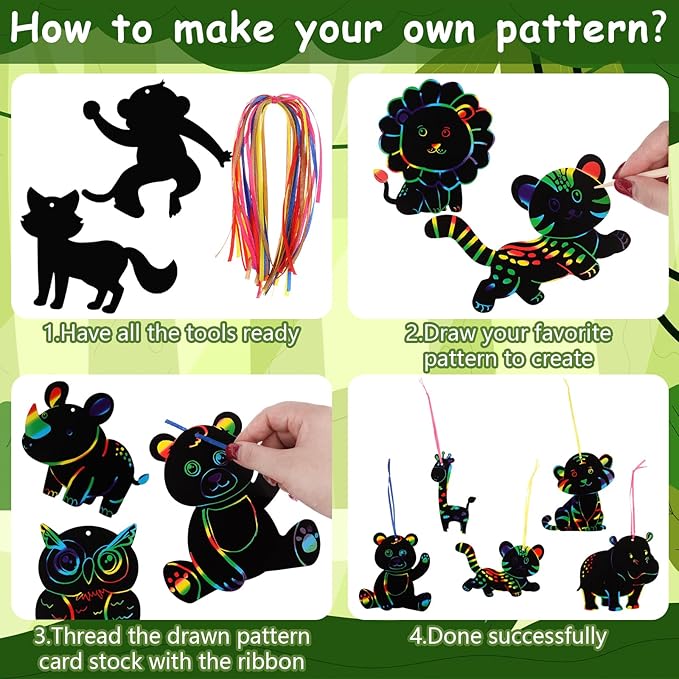 64 Pcs Wild Animal Scratch Cards DIY Rainbow Color Scratch Art Card Jungle Safari Animal Painting Scratch Off Paper for Kids Art Craft Kit with 64 Wood Stylus Ribbon for Home School Decor Party Favors