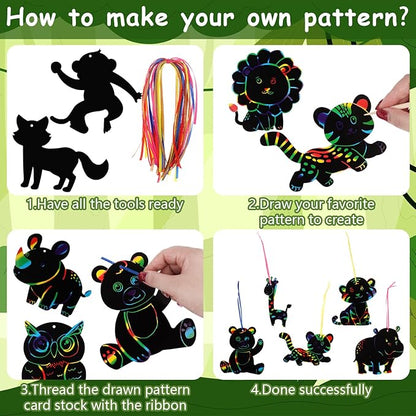 64 Pcs Wild Animal Scratch Cards DIY Rainbow Color Scratch Art Card Jungle Safari Animal Painting Scratch Off Paper for Kids Art Craft Kit with 64 Wood Stylus Ribbon for Home School Decor Party Favors