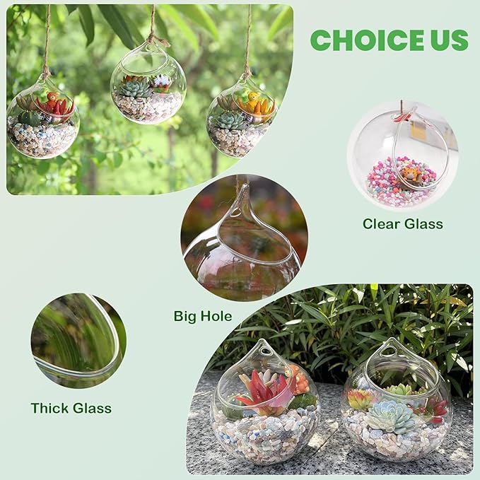 Ivolador Hanging Planter Glass Terrarium Container Air Plant Holder Succulents Globe Shape Home Garden Decor-4.7 Inches-3PCS