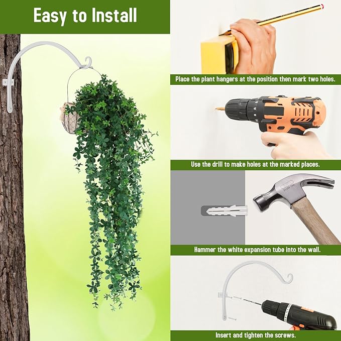 FEED GARDEN 2 Pack 12 Inch Hanging Plant Bracket Wall Hooks Decorative Plant Hangers for Outdoor Hanging Bird Feeders, Wind Chimes, Plant Baskets, White