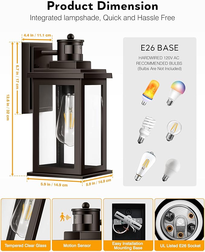 VIANIS 2 Pack Outdoor Lights for House, Brown Dusk to Dawn Motion Sensor Outdoor Light, Oil Rubbed Bronze Porch Lights Outdoor Lantern for Garden, Garage, Doorway, Aluminum,Hardwired, Non-Solar