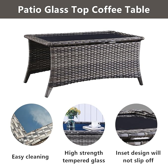 Wicker Outdoor Furniture Patio Furniture Set - 6 Piece Patio Conversation Set with Swivel Rocker Chairs, Rattan Sofa, Ottomans and Coffee Table, Gray Cushion