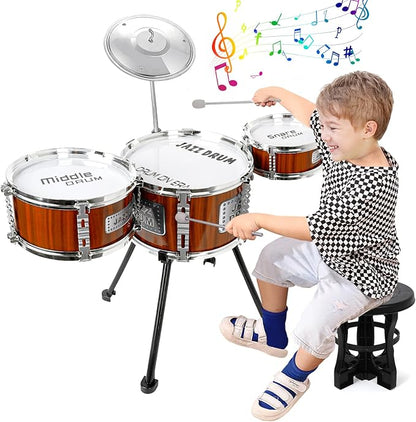 Kids Drum Set Music Toy Drum Set for Toddlers Ages 3-5 Jazz Drums Kit with Stool, 3 Drums Percussion Musical Instruments Toys for 3 4 5 Year Old Boys Girls Gifts