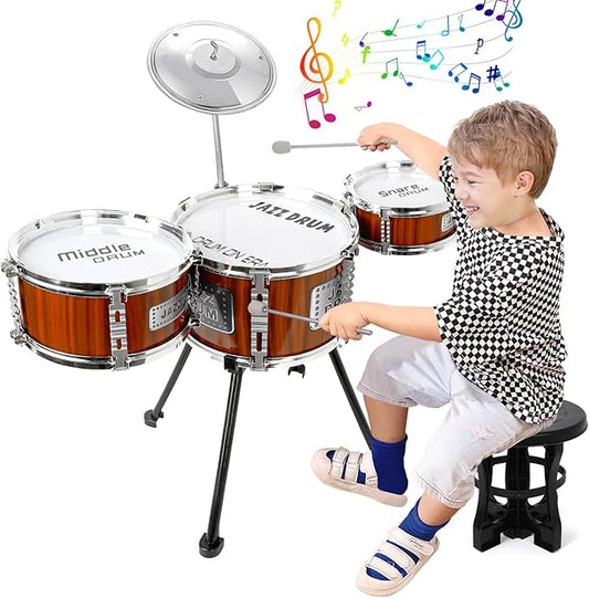 Kids Drum Set Music Toy Drum Set for Toddlers Ages 3-5 Jazz Drums Kit with Stool, 3 Drums Percussion Musical Instruments Toys for 3 4 5 Year Old Boys Girls Gifts