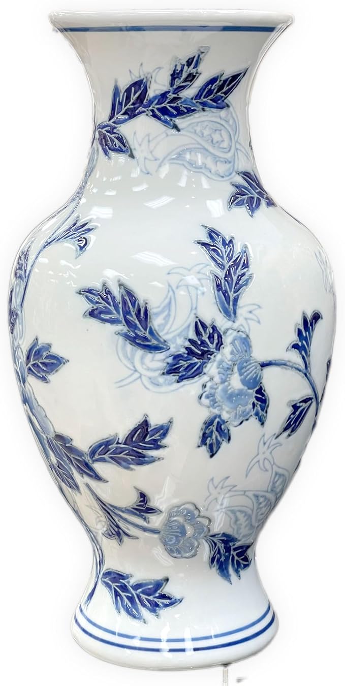 Galt International Blue and White Floral Chinoiserie Ceramic Vase 14" - Hand Painted Antique Style Porcelain Flower Bottle Fishtail Porcelain Chinese Vase for Home Decor Centerpiece