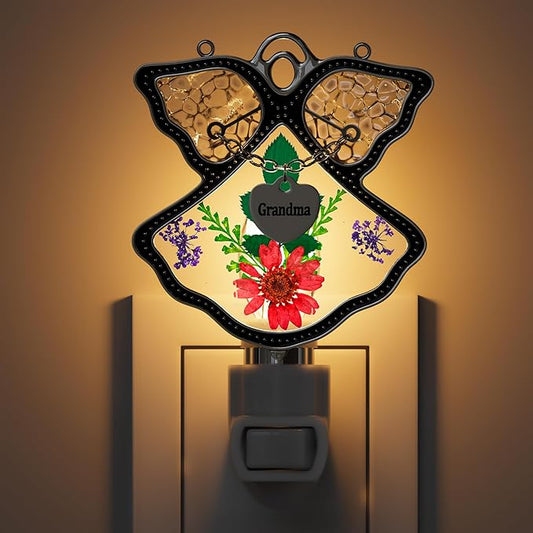 KY&BOSAM Night Light Grandma Stained Glass Angel Night Lights Plug Into Wall with Real Flower in Glass and Metal Charm Night Light for Nursery Bedroom Bathroom Accent Lite Elegant Home Decoration