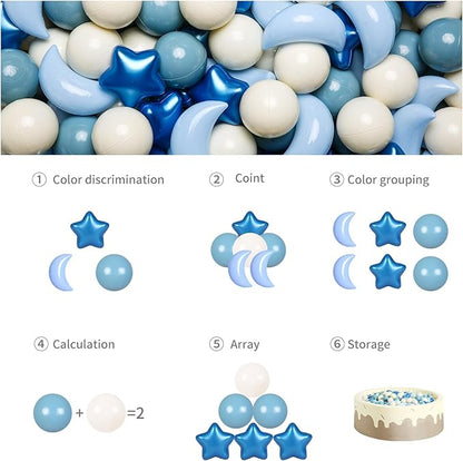 GOGOSO Ball Pit Balls Stars Moon Shapes Plastic Pitballs for Toddler Play Tent Baby Photo Props Kids Pool Water Toys Kiddie Pool Party Decor, Pearl Blue+Cream Blue+White,50PCS