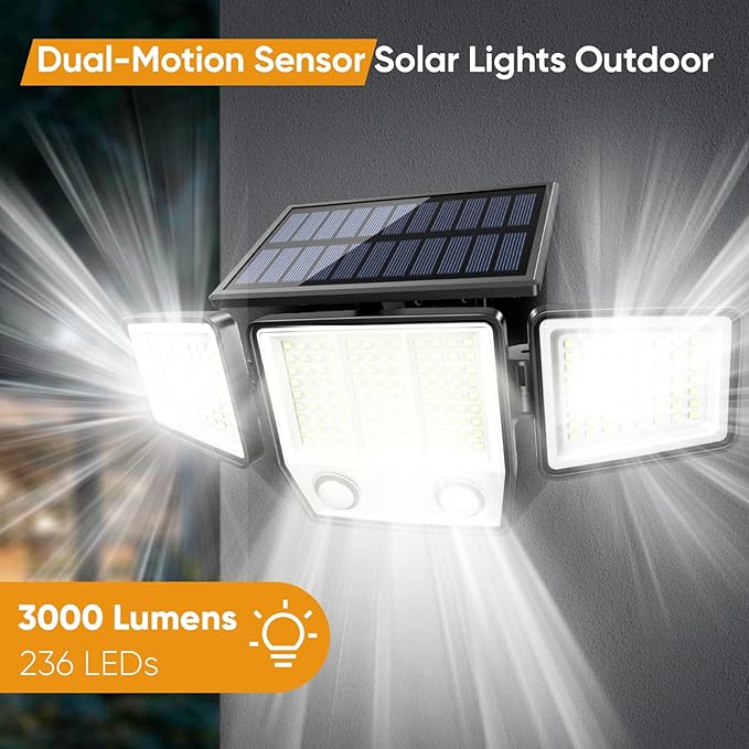 Solar Motion Sensor Outdoor Lights Waterproof - 3000LM 3 Modes Security Lights Outdoor 270° Illumination IP65 LED Solar Flood Wall Light for Garden Yard Patio Pathway