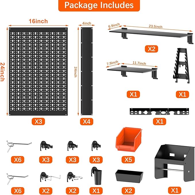 TORACK Metal Pegboard Wall Organizer 4ft Wide, Tool Storage Pegboard System for Garage with Accessories, Wall Mount Storage Bins, Shelves, Peg board Tool Organizer Kit for Workbench(Black)