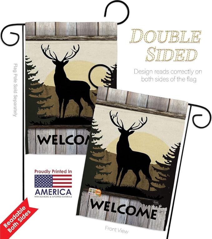 Welcome Deer Garden House Flags Kit Animals Wildlife Outdoor Bear Wolf Pet Nature Farm Animal Creature Small Decorative Gift Yard Banner Double-Sided Made In USA 28 X 40