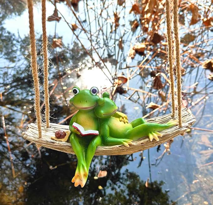 Artisan Flair Hanging Swing Frog Statues - Frog Statues for Garden Outdoors, Reading Book Frog Statue Figurine, Resin Couple Frog Statue for Garden, Balcony, Tree Decoration