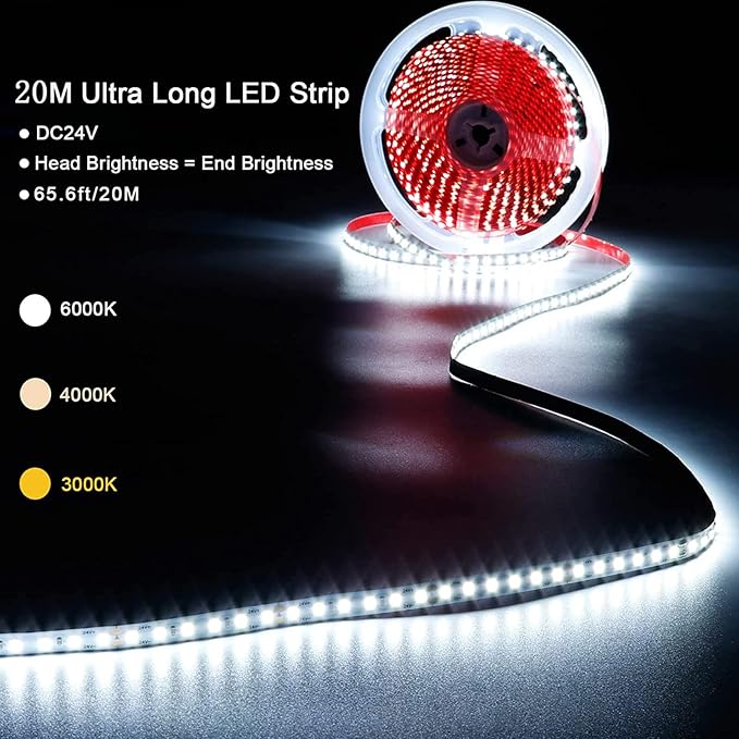 24V 65.6ft/20m LED Strip Light Natural White 4000K 2400LEDs High Brightness 12000LM SMD2835 Flexible No-Waterproof IP20 LED Tape for Kitchen Backyard Hallways Stairs Decoration(No Power Supply)