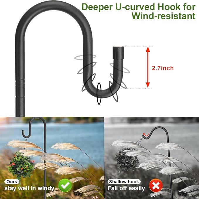 Bird Feeder Pole with Shepherds Hook - Heavy Duty Hummingbird Feeder Stand with 5 Prong,78" Adjustable Rustproof Garden Hooks Outdoor for Hanging Birdfeeder,Wind Chimes,Lanterns,Solar Lights,Black