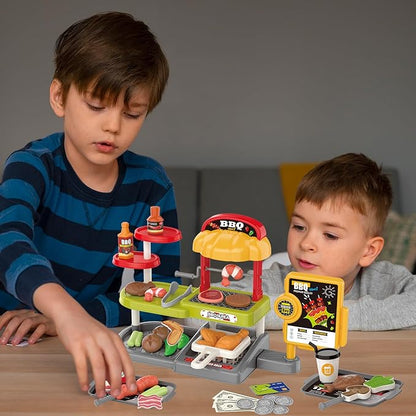 Kids BBQ Grill Play Set: Coffee, Card Reader, Cash Register, Play Food (Grilled Fish, Wings, Kebabs, Sausages), Play Money - Educational Toy Kitchen Ages 3+