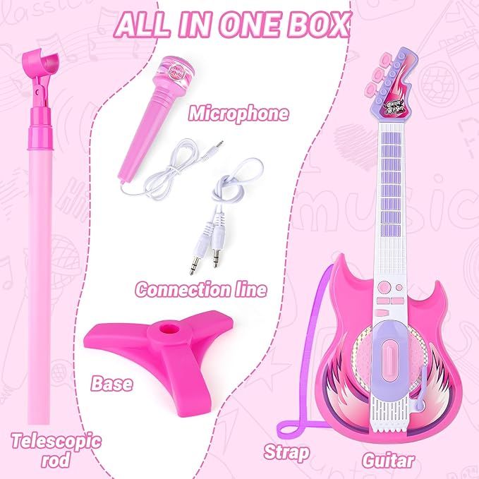 deAO Kids Guitar and Microphone Play Set with Stand for Girls, Musical Guitar Play Set, Adjustable Height Guitar Toys Karaoke Music Toys Birthday Gifts for Kids Boys Girls Toddlers