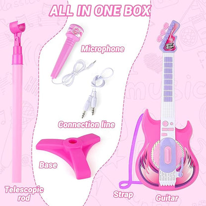 deAO Kids Guitar and Microphone Play Set with Stand for Girls, Musical Guitar Play Set, Adjustable Height Guitar Toys Karaoke Music Toys Birthday Gifts for Kids Boys Girls Toddlers