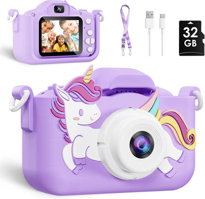 Kids Camera, Toys for Toddlers Age 3-8 Year Old Girl Christmas Birthday Gifts, Children Digital Camera with Cartoon Soft Silicone Cover and 32GB Card (Violet)