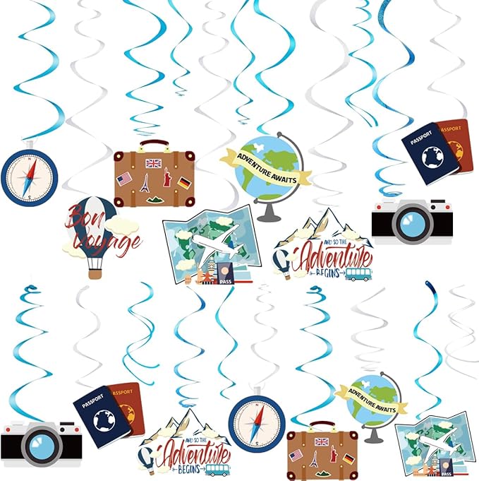 30PCS Travel Themed Hanging Swirl Party Decorations, Adventure Awaits Bon Voyage Signs Party Supplies for Birthday Party Retirement Party Farewell or Wedding Bachelorette Baby Shower Classroom Decor