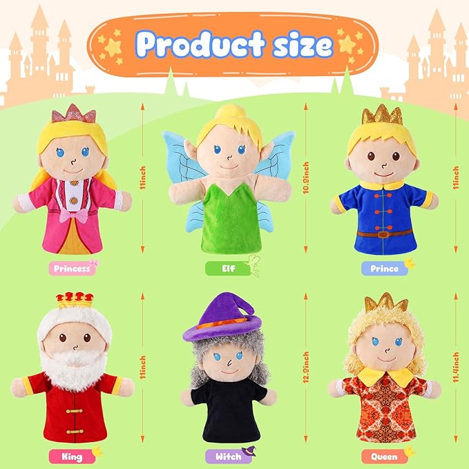 6 Pcs Castle Hand Puppets Fairy Tales Queen & King, Princess & Prince, Elf & Witch Plush Toys Role-Play Toy Puppets for Kids Storytelling Imaginative Pretend Play Teaching Preschool(6 Cartoon)