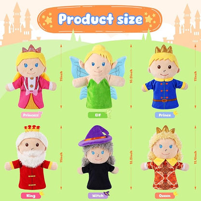 6 Pcs Castle Hand Puppets Fairy Tales Queen & King, Princess & Prince, Elf & Witch Plush Toys Role-Play Toy Puppets for Kids Storytelling Imaginative Pretend Play Teaching Preschool(6 Cartoon)
