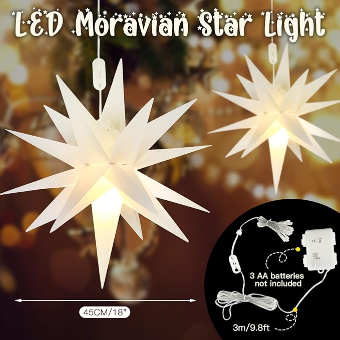 Kingdder 3 Pieces Moravian Star Light LED 3D Star Hanging Light Powered by Battery with Timer Function White Porch Lantern Holiday Decor for Indoor Outdoor Christmas Tree Balcony Courtyard (18 Inch)