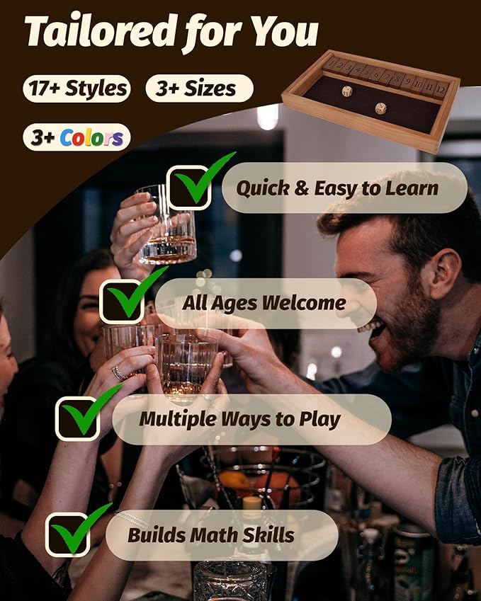 12" Upgraded Shut The Box Game, Math Dice Board Game for Family Night Classroom Travel, Wooden Table for Group Kid Adult Senior, Travel Party Bar, Easy Quick and Fun, 2-4 Players