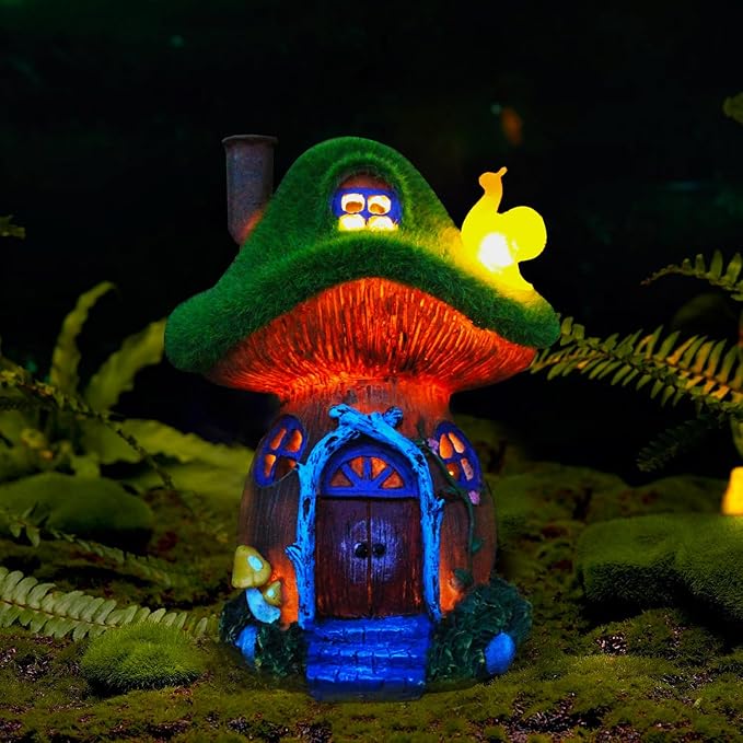 Mushroom Garden Statues,Outdoor Fairy House Figurine with Solar Powered Garden Light, Gifts for Women Mom Grandma Halloween Decor or Yard Decor (Resin)