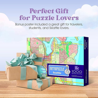 GeoToys Metropuzzle, Seattle Map Jigsaw Puzzles 1000 Pieces - 27 x 19 Detailed Geography Puzzle, Challenging Adult Puzzle, Fun Puzzles for Adults, Map Poster Included for Adults