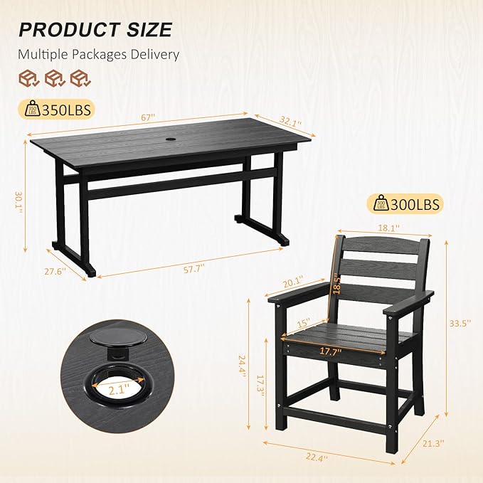 7pcs Outdoor Dining Set, HDPE Patio Dining Set for 6, All-Weather Outdoor Table and Chairs with Umbrella Hole & Adjustable Pads, Modern Patio Furniture Set for Backyard, Poolside &Lawn (Black)