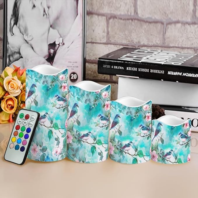 Ystardream Light Candles 4 Pack Battery Operated Color Changing Timer Remote Control Fake Pillar Tealights Beach Wedding Home Indoor Decor Modern Hummingbirds