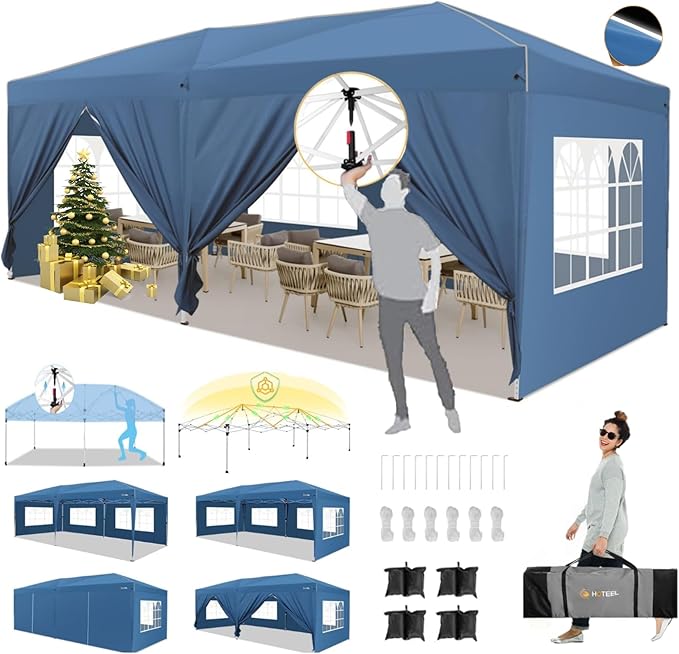 HOTEEL 10x20 Pop up Canopy with 6 Sidewalls, One Push Instant Setup Outdoor Canopy Tent with Reinforce Rod, Weight Bag, for Parties, Events, Blue
