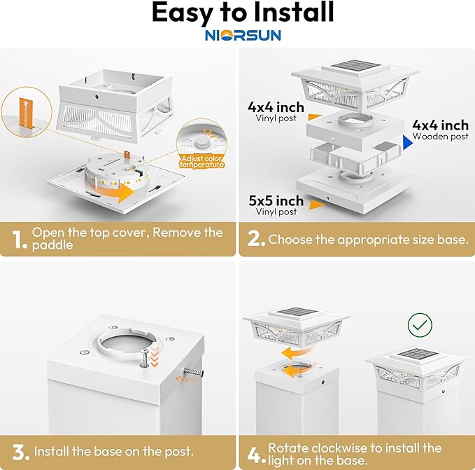 NIORSUN Solar Post Cap Lights Outdoor, 2 Modes LED, Deck Fence Post Solar Lights for 3.5x3.5 4x4 Wood Vinyl, 5x5 Vinyl Caps Patio Garden Decoration, Warm White/Cool White Lighting White 6 Pack