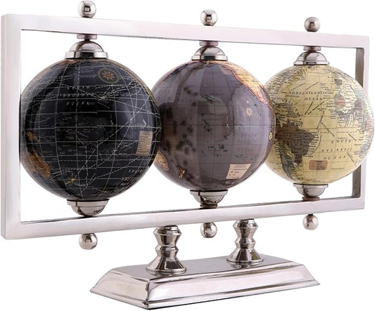 Rely+ Set of 3 4'' World Globes Sturdy Metal Silver Stand Rotating Desktop Globe For Geographic Home Decorative Desk Table Office Gift - Book Shelf Decor World Globe - Landscape