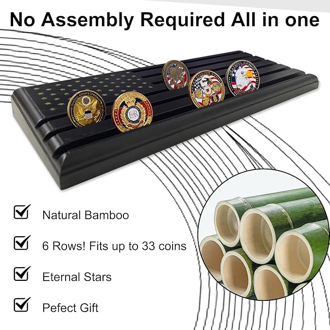 6-Row Military Challenge Coin Display Stand - Challenge Coin Holder with Rustic for Collectors Organize Medals & Memorabilia - Coin Holder for Home, Office, Showcase (Holds 30-36 Coins, American Flag ) (Black)
