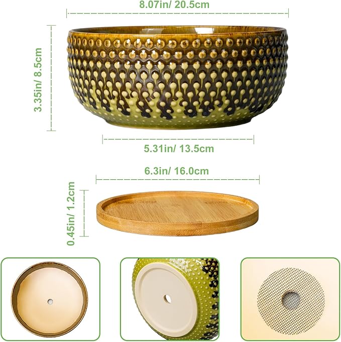 Bonsai Pots 8 Inch - Ceramic Planter for Indoor Plants, Succulent Pots with Drainage Hole and Plant Tray, Modern Round Decorative Flower Planters, Home Decor, Brown & Green