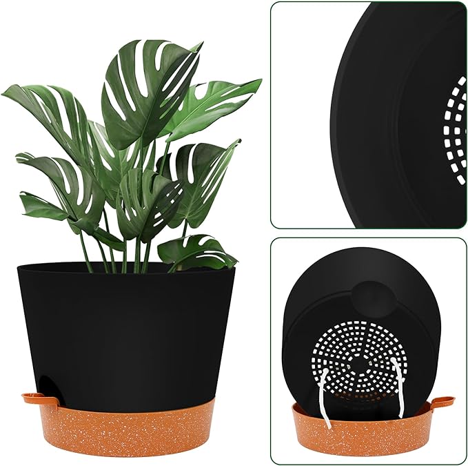 GARDIFE 12 inch Plant Pots, planters,Self Watering Pots, 2 Pack Large Plastic Flower pots with Deep Reservior and High Drainage Holes for Indoor Outdoor Plants and Flowers, Black