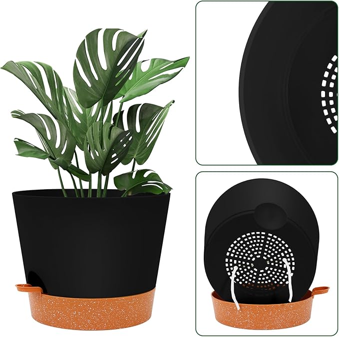 GARDIFE 12 inch Plant Pots, planters, Self Watering Pots, Large Plastic Flower pots with Deep Reservior and High Drainage Holes for Indoor Outdoor Plants and Flowers, Black