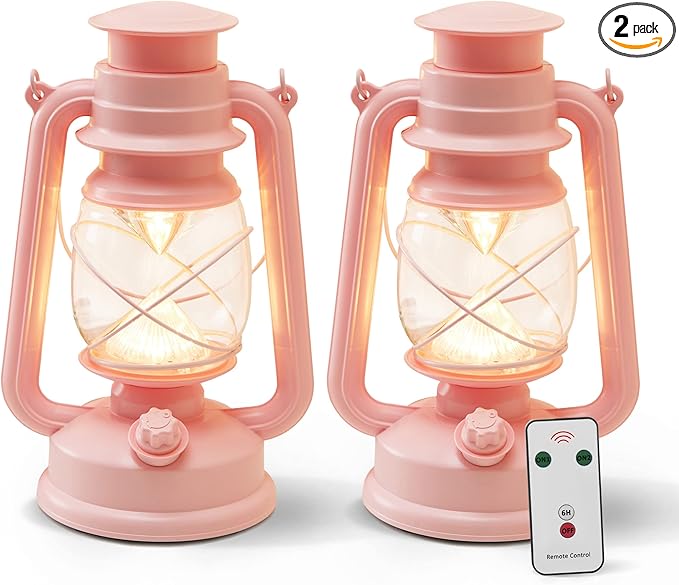 Furora LIGHTING Pink LED Lantern Pack of 2 with 6/18 Timer, 9.5" Inch Flameless Flickering Lantern Candle, Indoor Vintage and Outdoor Patio Hanging Tabletop, Battery Included
