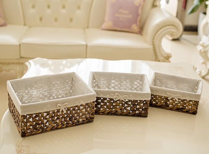 Rectangular Woven Seagrass Storage Bins with Handle,Kingwillow. (water hyacinth, Set of 3)