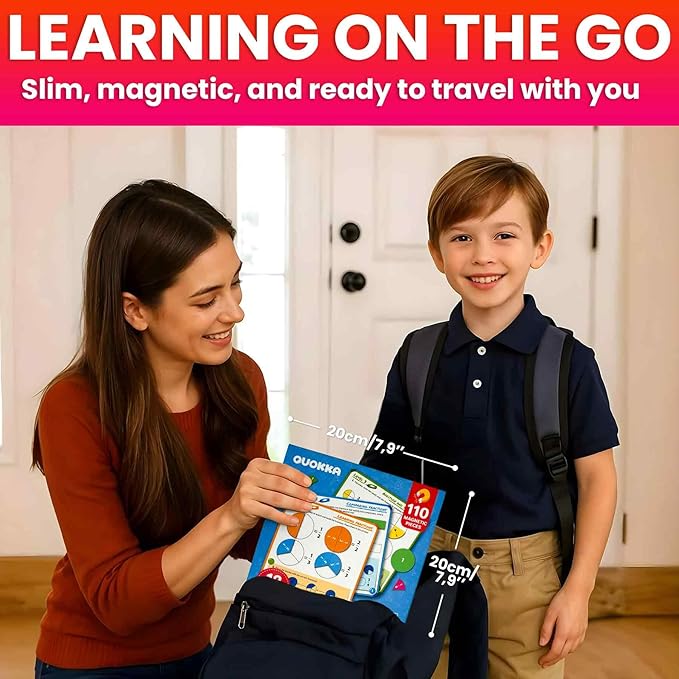 QUOKKA Magnetic Fractions Learning Set for Kids Ages 6-12 – Hands-On Math Games for Homeschooling, Classrooms & Travel – 110 Magnets, 12 Task Pages, Marker – Montessori Educational Toy Puzzles