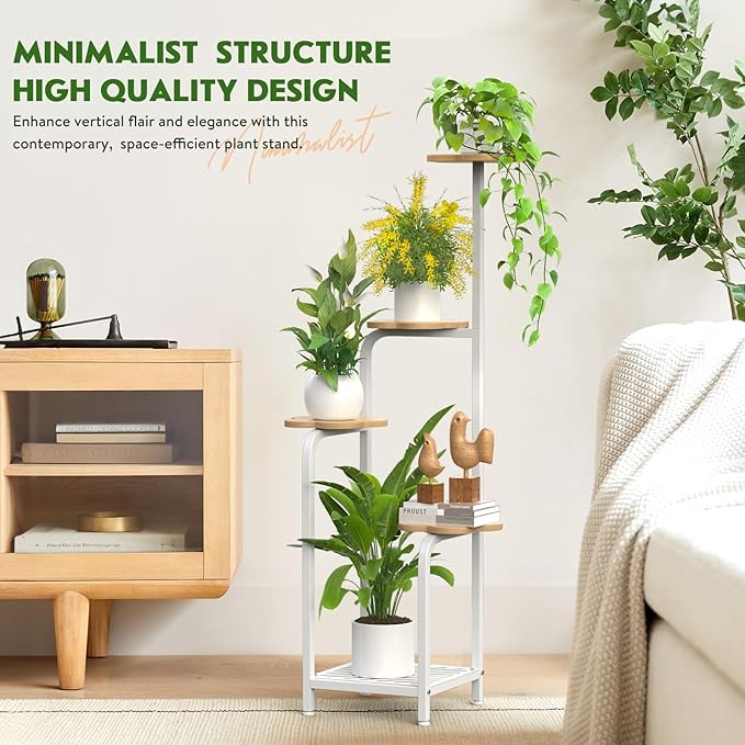 TOSKING 5 Tier Plant Stand Indoor 48''H Tall ,Heavy Duty Plant Shelf , Corner Shelf Flower Pot Stand for Outdoor Plant Stand for Living Room Balcony Garden Patio Bedroom (White and Wood)