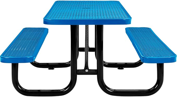 Global Industrial 6’L Rectangular Picnic Table, Expanded Metal, Blue Thermoplastic Coating, Attached Benches, 1-1/2” Umbrella Pole Hole, Outdoor-Rated, 1000 lb Capacity, 72” x 30” Tabletop