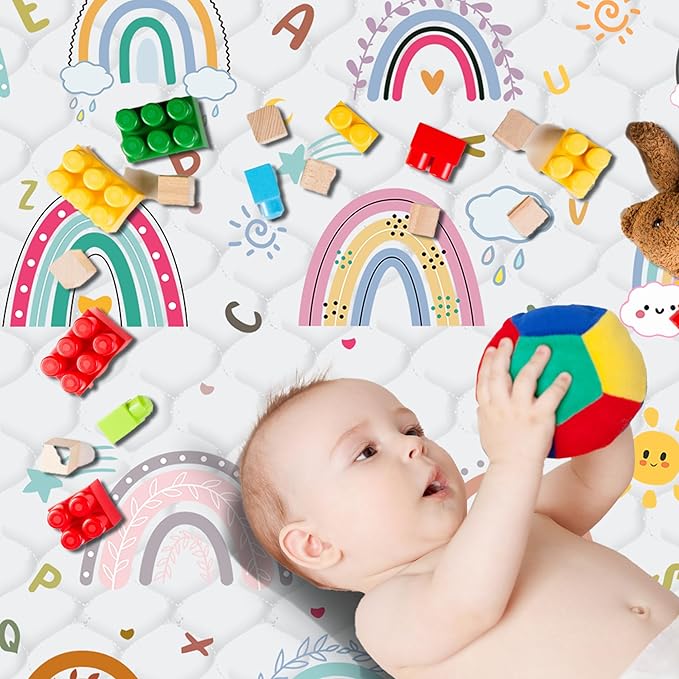 Baby Play Mat，Thick Soft 50" X 50" Playpen mat, Non-Slip and Machine Washable Baby Play Mats for Floor ，Crawling Mat for for Babies, Toddlers & Infants to Play and Learn (Rainbow)