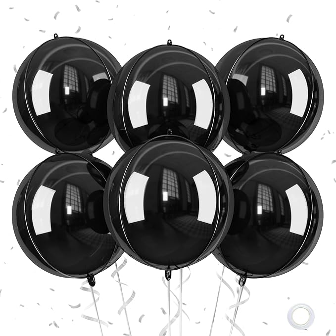 Giant 4D Foil Balloons, 6Pcs Large Metallic Black Round Balloons, 22 Inch Big Round Foil Balloon for Black Birthday Party Baby Shower Wedding Decorations