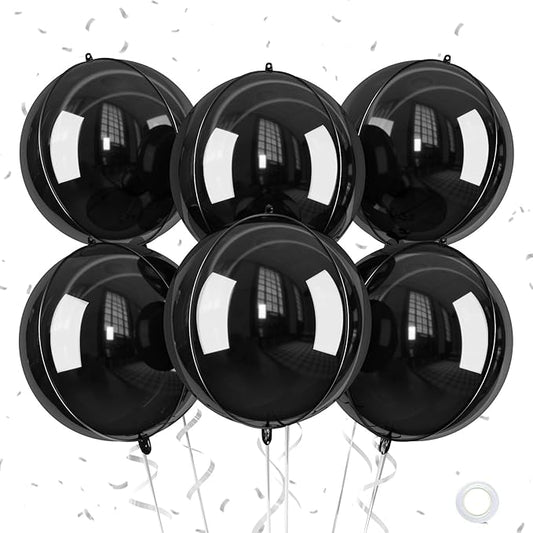 Giant 4D Foil Balloons, 6Pcs Large Metallic Black Round Balloons, 22 Inch Big Round Foil Balloon for Black Birthday Party Baby Shower Wedding Decorations