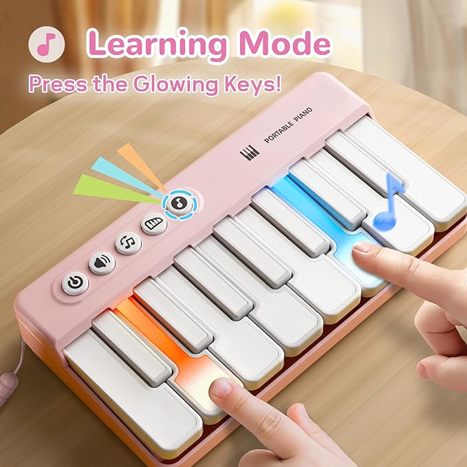 iPlay, iLearn Kids Mini Piano Toy W/Rainbow Lights, Portable Travel Piano Keyboard Toddlers Musical Instrument Learning Toys, Music Interactive Birthday Gift for 2 3 4 5 6 Year Old Girls Children
